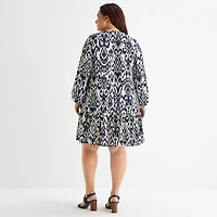 Be by CHETTA B Womens Plus Round Neck Long Sleeve Abstract Shift Dress