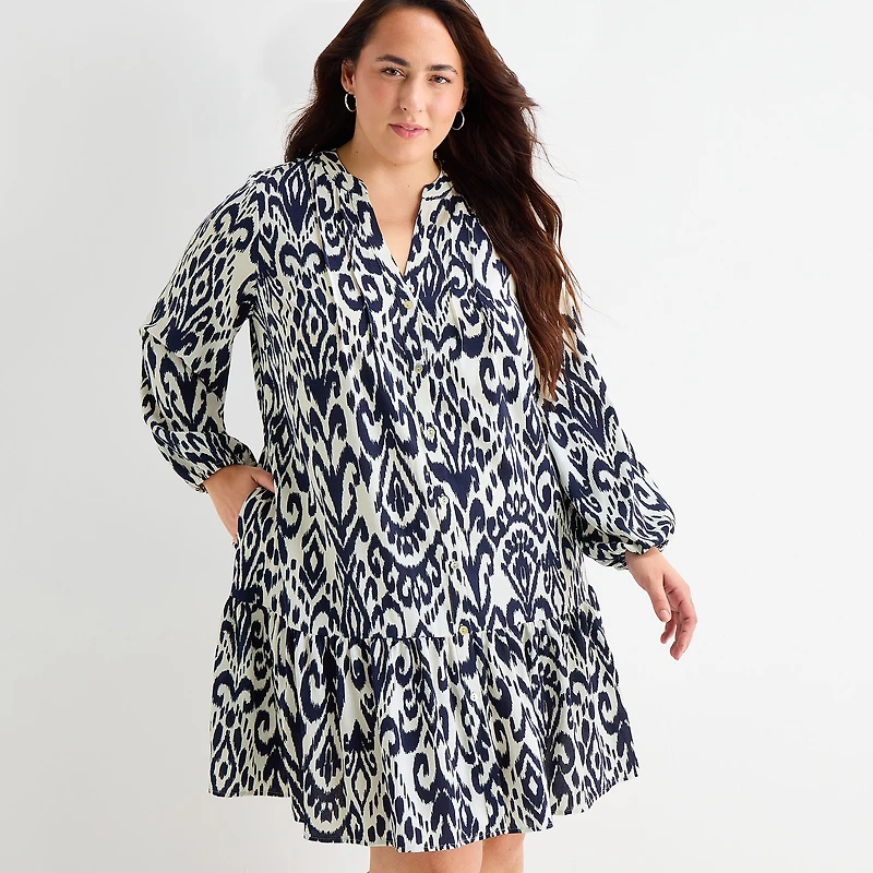 Be by CHETTA B Womens Plus Round Neck Long Sleeve Abstract Shift Dress