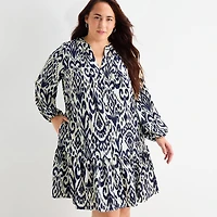 Be by CHETTA B Womens Plus Round Neck Long Sleeve Abstract Shift Dress