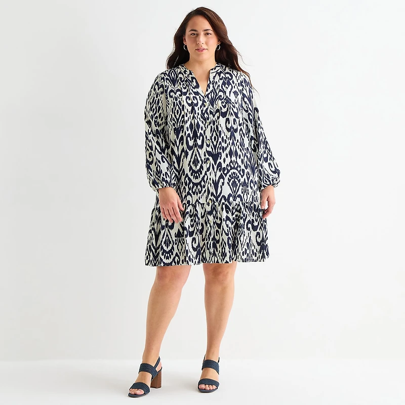 Be by CHETTA B Womens Plus Round Neck Long Sleeve Abstract Shift Dress