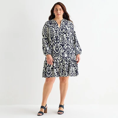 Be by CHETTA B Womens Plus Round Neck Long Sleeve Abstract Shift Dress