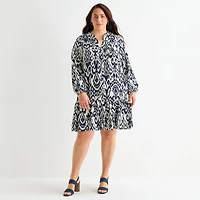 Be by CHETTA B Womens Plus Round Neck Long Sleeve Abstract Shift Dress