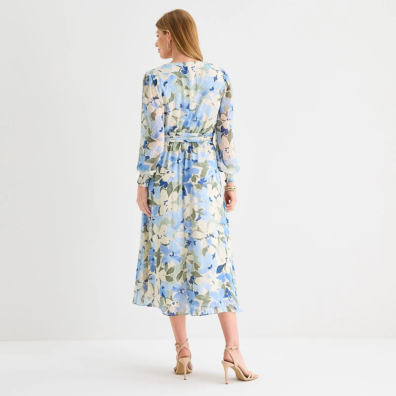 Black Label by Evan-Picone Womens Midi V Neck Long Sleeve Smocked Floral Fit + Flare Dress
