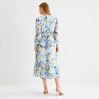 Black Label by Evan-Picone Womens Midi V Neck Long Sleeve Smocked Floral Fit + Flare Dress