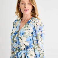 Black Label by Evan-Picone Womens Midi V Neck Long Sleeve Smocked Floral Fit + Flare Dress