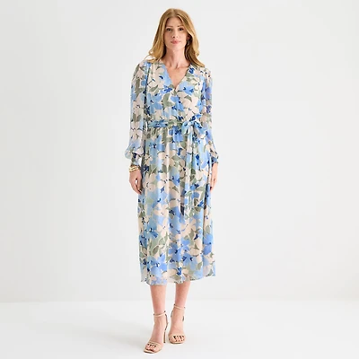 Black Label by Evan-Picone Womens Midi V Neck Long Sleeve Smocked Floral Fit + Flare Dress
