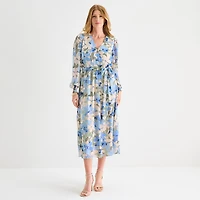 Black Label by Evan-Picone Womens Midi V Neck Long Sleeve Smocked Floral Fit + Flare Dress
