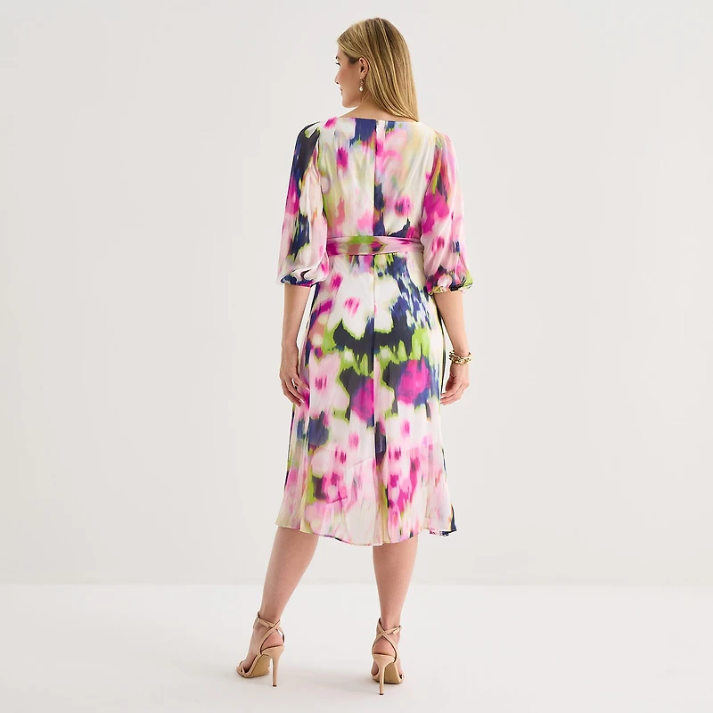 Marc New York Womens Midi V Neck 3/4 Sleeve Balloon Abstract Fit + Flare Dress