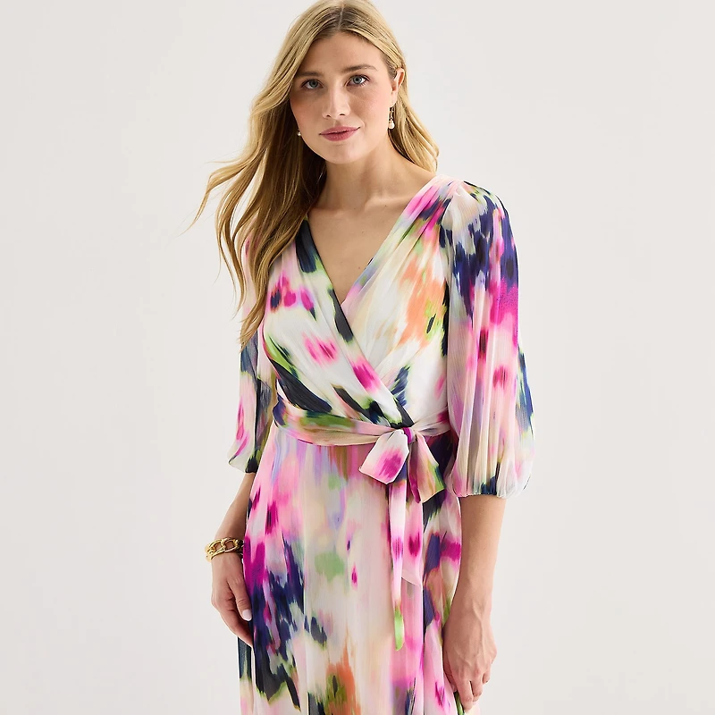 Marc New York Womens Midi V Neck 3/4 Sleeve Balloon Abstract Fit + Flare Dress