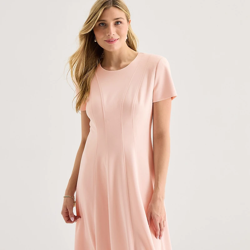 Marc New York Womens Midi Crew Neck Short Sleeve Fit + Flare Dress