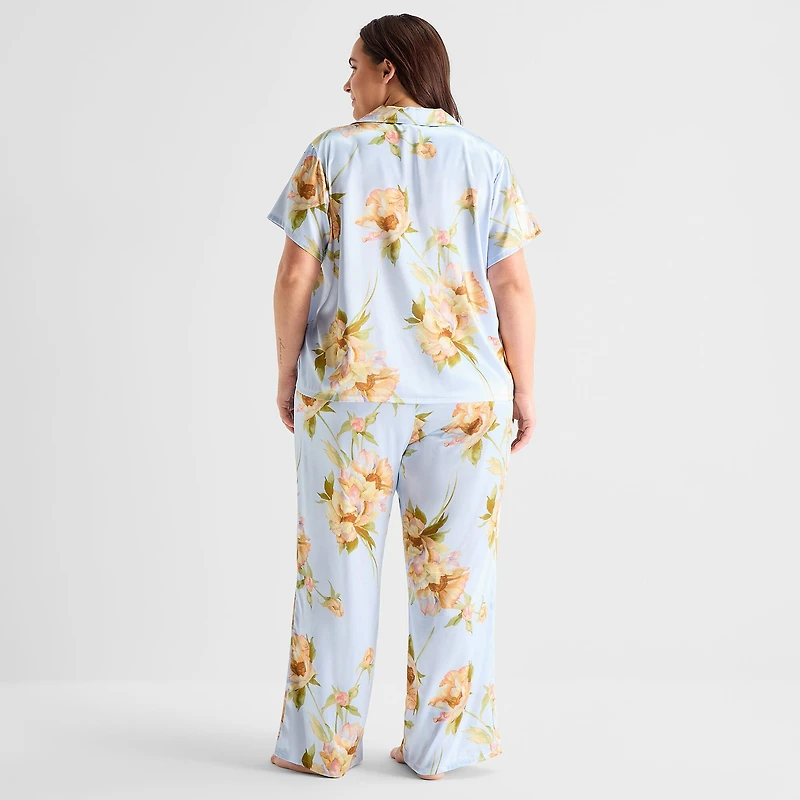 Ambrielle Womens Satin V-Neck Short Sleeve 2-pc. Plus Pajama Set