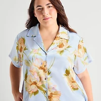 Ambrielle Womens Satin V-Neck Short Sleeve 2-pc. Plus Pajama Set