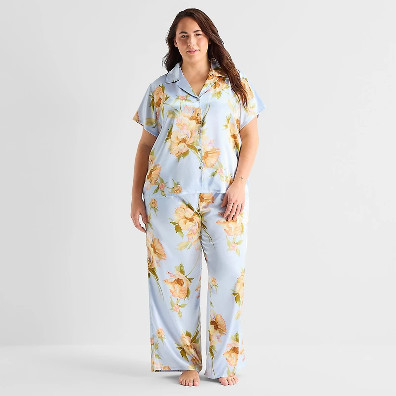 Ambrielle Womens Satin V-Neck Short Sleeve 2-pc. Plus Pajama Set