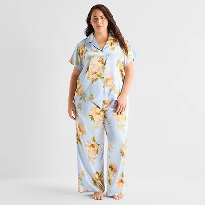 Ambrielle Womens Satin V-Neck Short Sleeve 2-pc. Plus Pajama Set