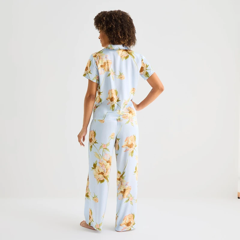 Ambrielle Womens Satin V-Neck Short Sleeve 2-pc. Pajama Set