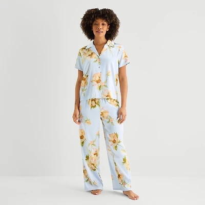 Ambrielle Womens Satin V-Neck Short Sleeve 2-pc. Pajama Set