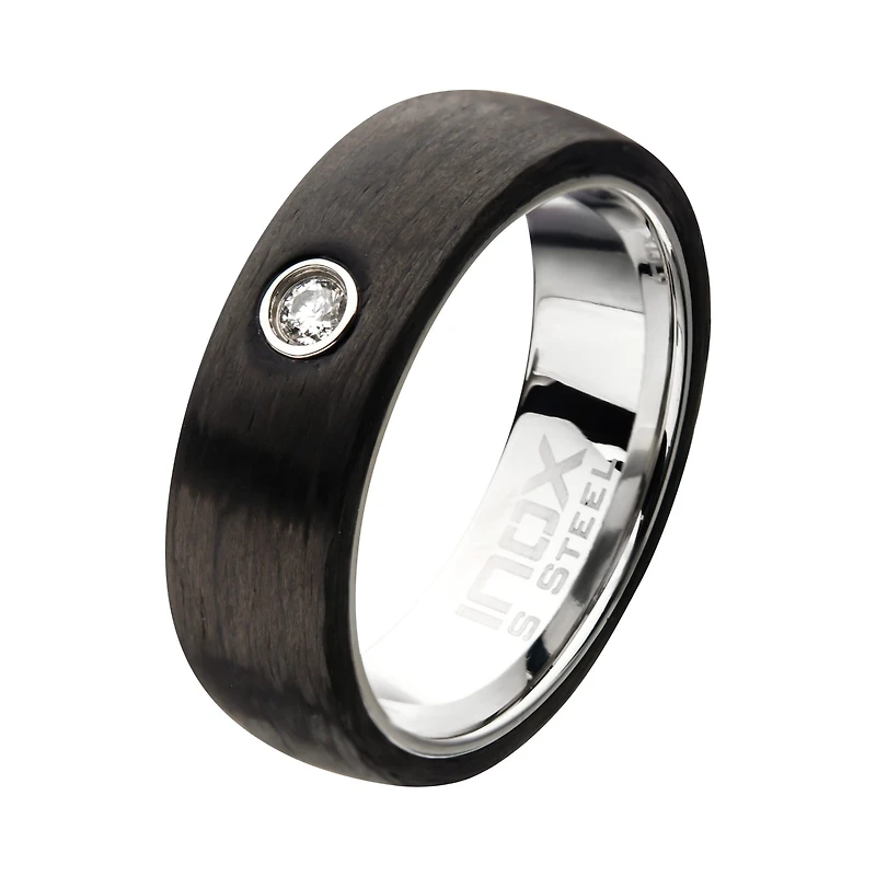 Inox Mens Jewelry 8MM Diamond-Accent Stainless Steel Round Wedding Band