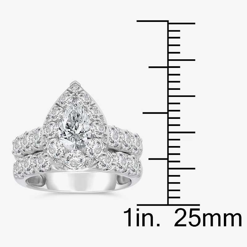 (I / I1) Womens 4 CT. T.W. Lab Grown White Diamond 10K Gold Pear Side Stone Halo Bridal Set
