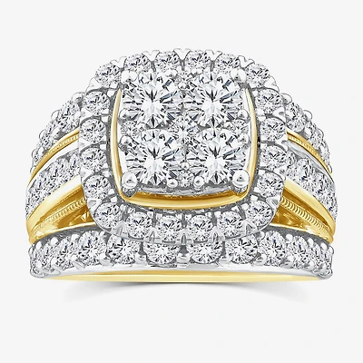 (Vs2) Womens 4 CT. T.W. Lab Grown White Diamond 10K Gold Cushion Side Stone Engagement Ring