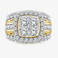 (Vs2) Womens 4 CT. T.W. Lab Grown White Diamond 10K Gold Cushion Side Stone Engagement Ring