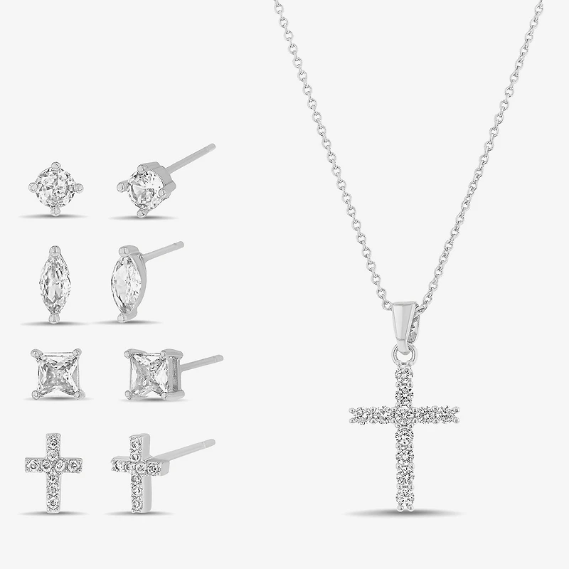 olivia and jackson Womens Cubic Zirconia Pure Silver Over Brass Cross Round Marquise 5-pc. Jewelry Set with Travel Case