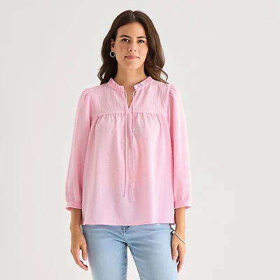 St. John's Bay Womens Split Tie Neck 3/4 Sleeve Blouse