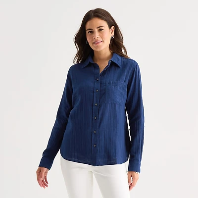 St. John's Bay Womens Long Sleeve Relaxed Fit Button-Down Shirt