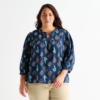 St. John's Bay Womens Plus Split Tie Neck 3/4 Sleeve Blouse