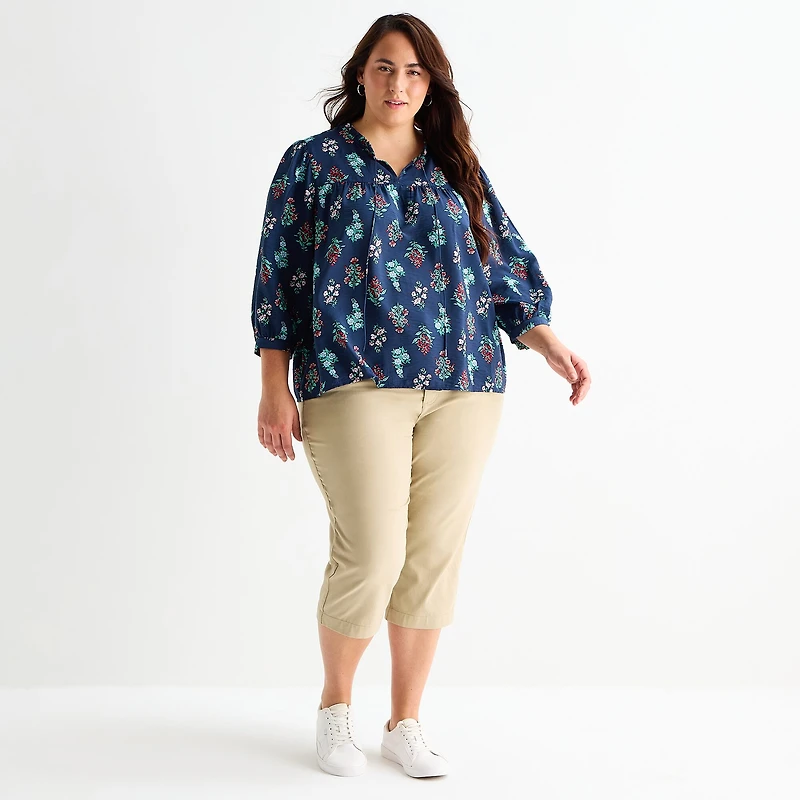 St. John's Bay Womens Plus Split Tie Neck 3/4 Sleeve Blouse