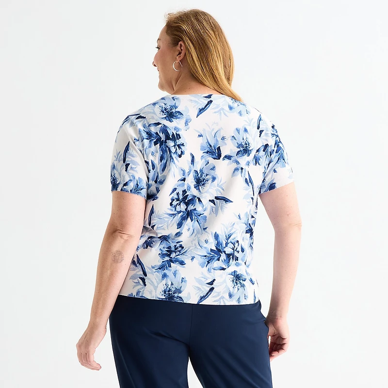 Liz Claiborne Plus Womens Crew Neck Short Sleeve Floral Pullover Sweater