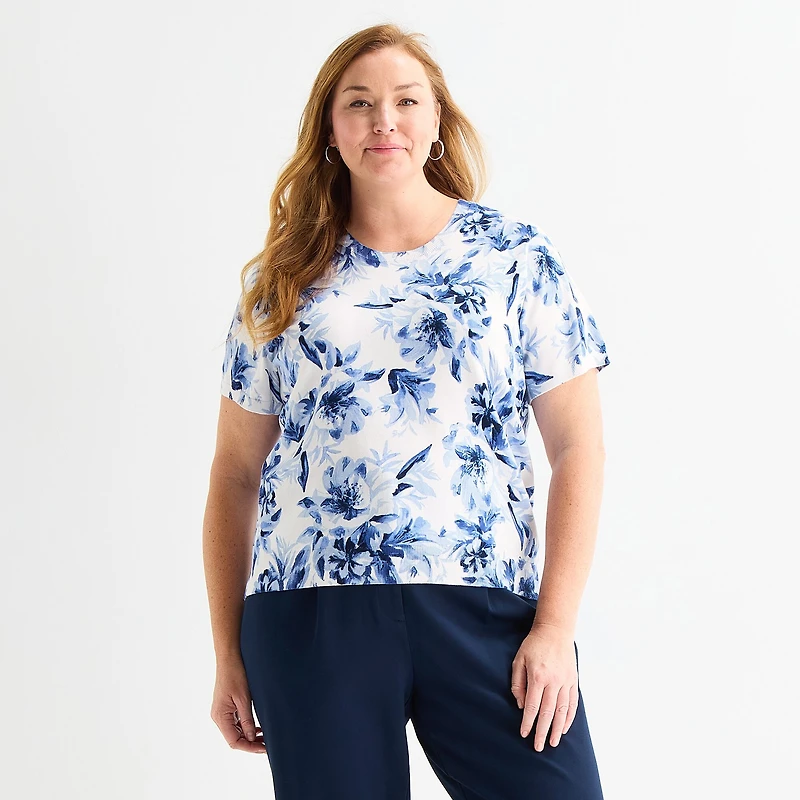 Liz Claiborne Plus Womens Crew Neck Short Sleeve Floral Pullover Sweater