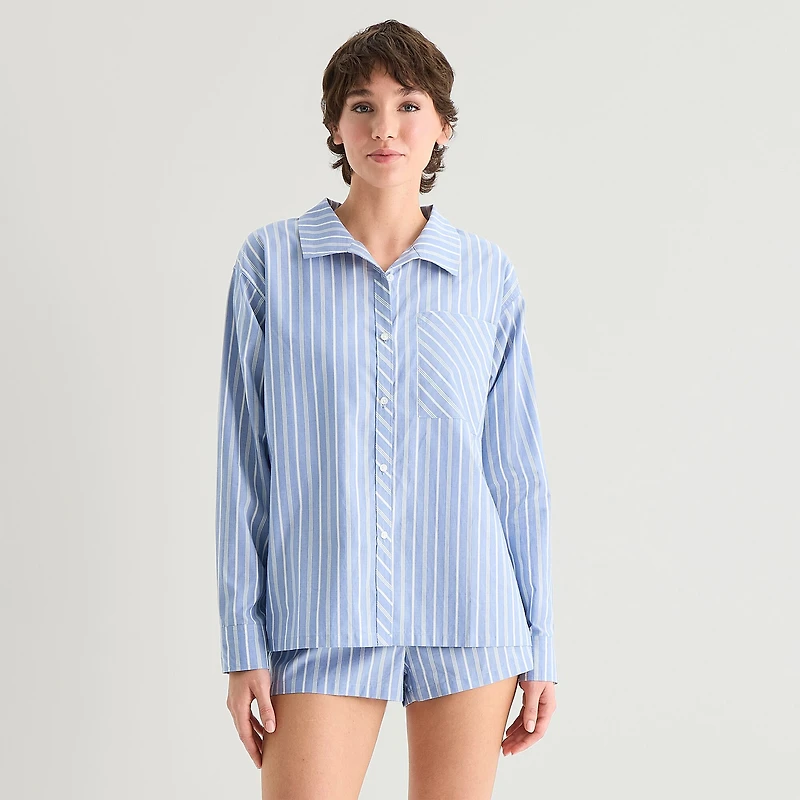 Arizona Body Womens Poplin Long Sleeve Juniors Pajama Top