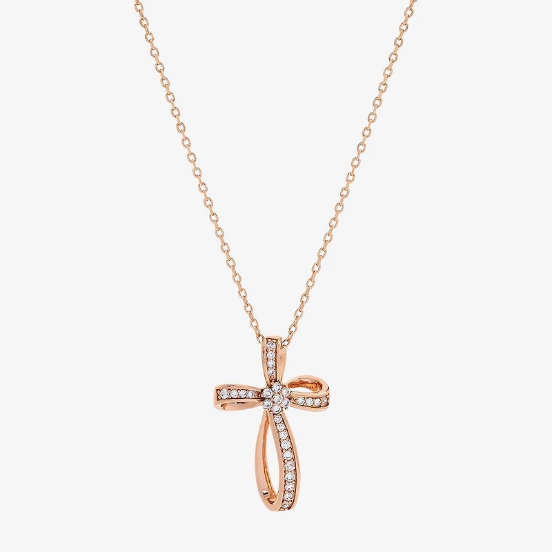 Sparkle Allure Womens Cubic Zirconia 18K Rose Gold Over Brass Cross 16 Inch Pendant Necklace