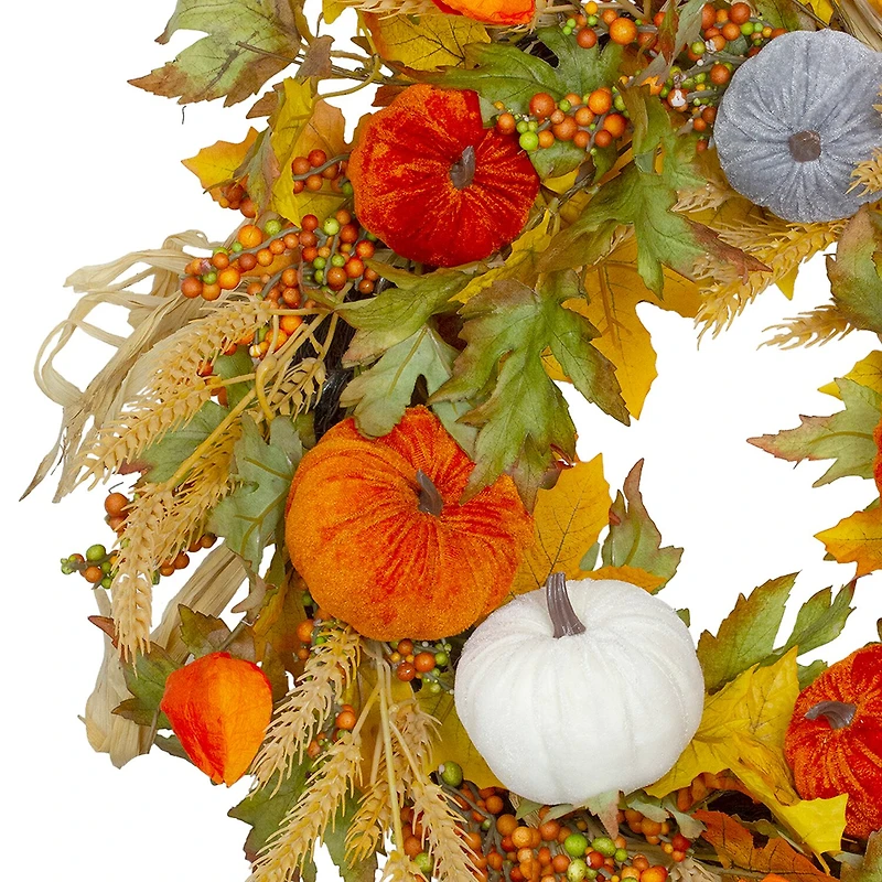 Northlight Velvet Pumpkins And Wheat Artificial Fall Harvest 24-Inch Unlit Wreath