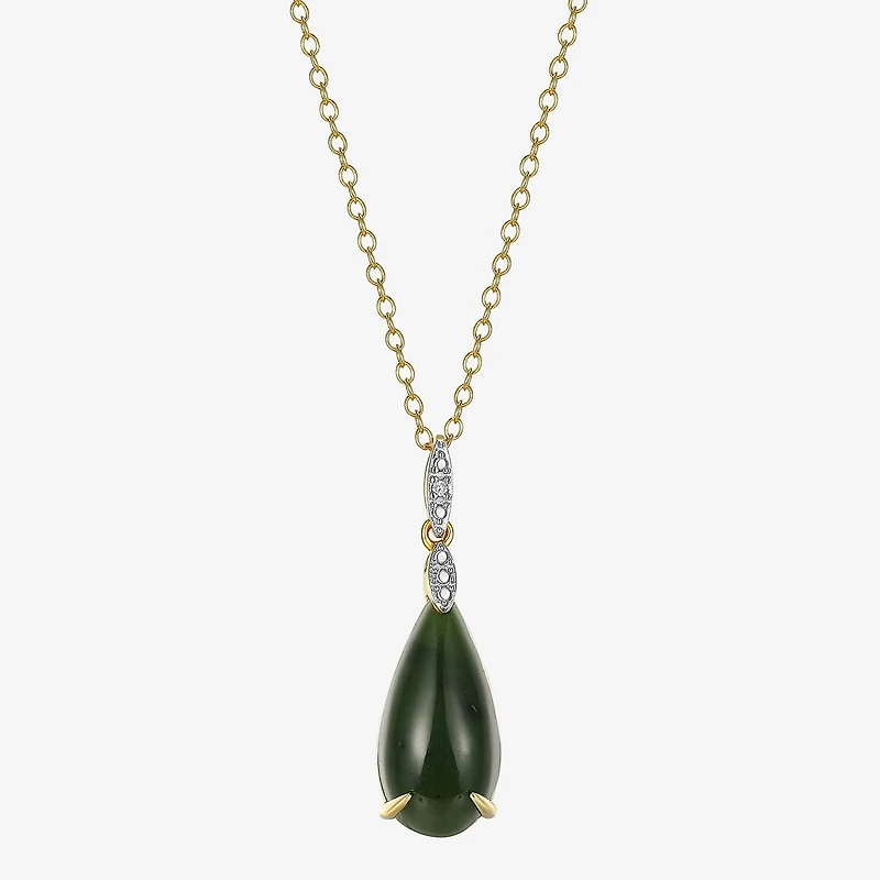 Womens Diamond Accent Genuine Green Jade 18K Gold Over Silver Pear 18 Inch Pendant Necklace