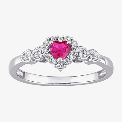 Womens Diamond Accent Lab Created Red Ruby Sterling Silver Heart Cocktail Ring
