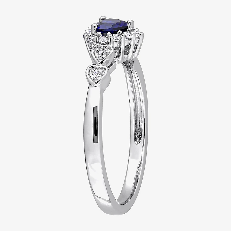Womens Diamond Accent Lab Created Blue Sapphire Sterling Silver Heart Cocktail Ring
