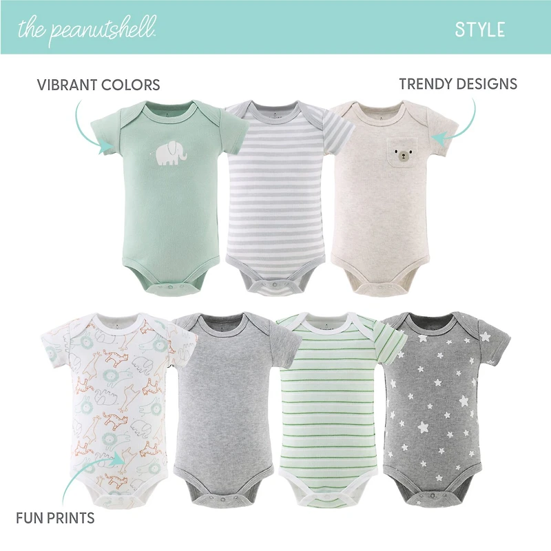 The Peanutshell Neutral Safari Baby Unisex Round Neck Short Sleeve 7-pc. Bodysuit
