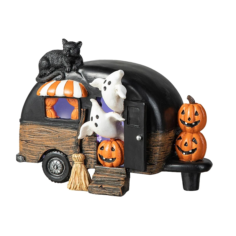 Glitzhome 9.25"Camperw/Ghost & Pumpkin & Cat Table Halloween Tabletop Decor