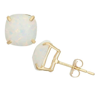Lab Created White Opal 14K Gold 8mm Cushion Stud Earrings
