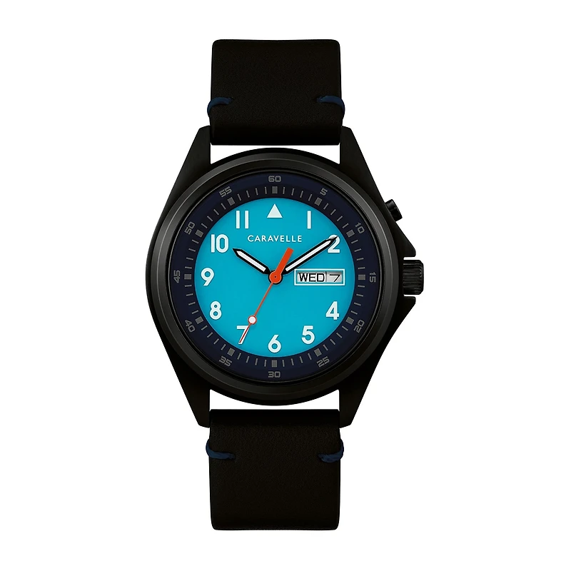 Caravelle Designed By Bulova Mens Black Leather Strap Watch 45c118
