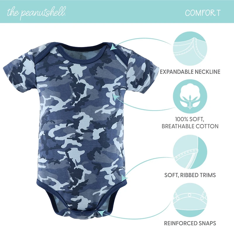 The Peanutshell Blue Camo Baby Boys Round Neck Short Sleeve 7-pc. Bodysuit