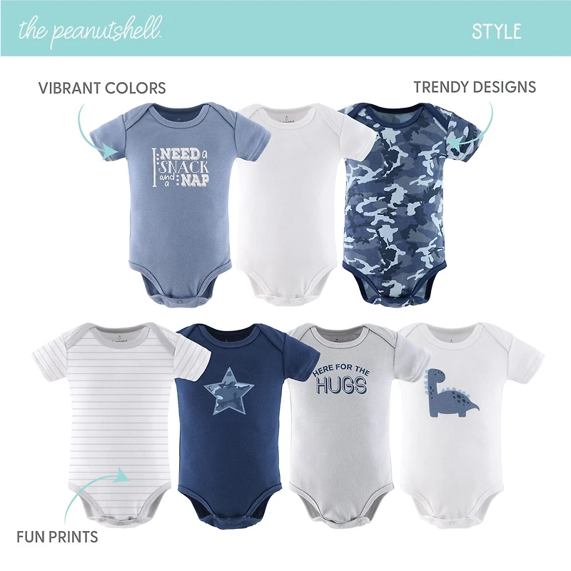The Peanutshell Blue Camo Baby Boys Round Neck Short Sleeve 7-pc. Bodysuit