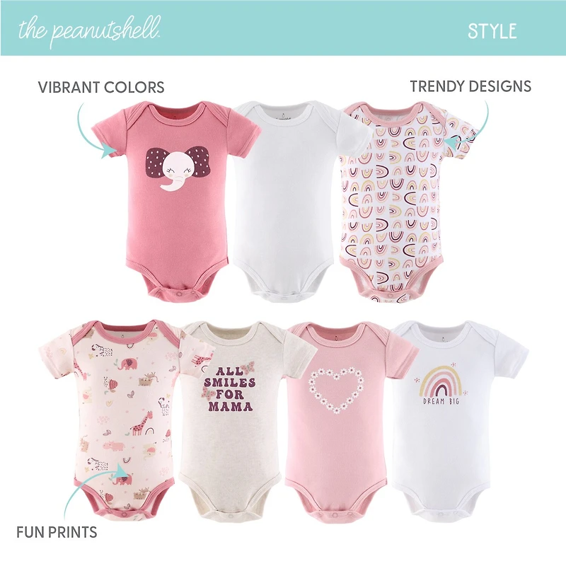 The Peanutshell Rainbow Safari Baby Girls Round Neck Short Sleeve 7-pc. Bodysuit