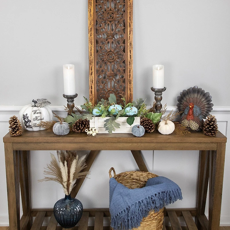 Northlight 18in Fall Harvest Foliage And Blue Pumpkins Planter