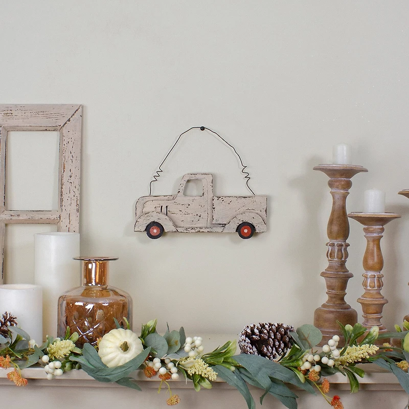 Northlight 11.75in White Wooden Pick Up Truck Fall Harvest Wall Sign