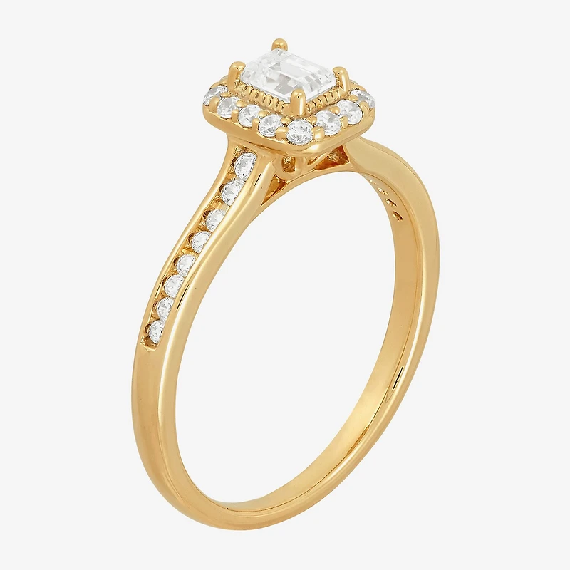 (H-I / Si1-Si2) Womens 1/2 CT. T.W. Lab Grown White Diamond 10K Gold Side Stone Halo Engagement Ring