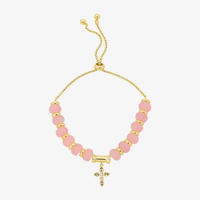 Footnotes Charm Beaded Womens Pink Quartz 10K Gold Over Brass Cross Bolo Bracelet