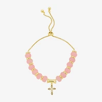 Footnotes Charm Beaded Womens Pink Quartz 10K Gold Over Brass Cross Bolo Bracelet