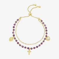 Footnotes Charm Beaded Womens Purple Amethyst 10K Gold Over Brass Cross Heart Bolo Bracelet